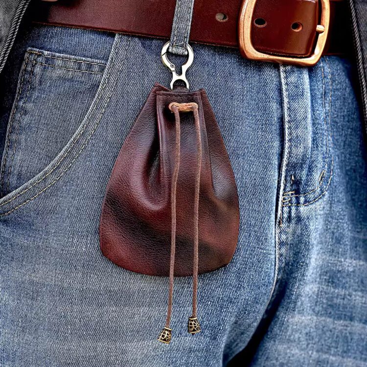 Mini Drawstring Coin Purse for Men - Genuine Leather Custom Workmanship Wallet Keychain Storage Bag