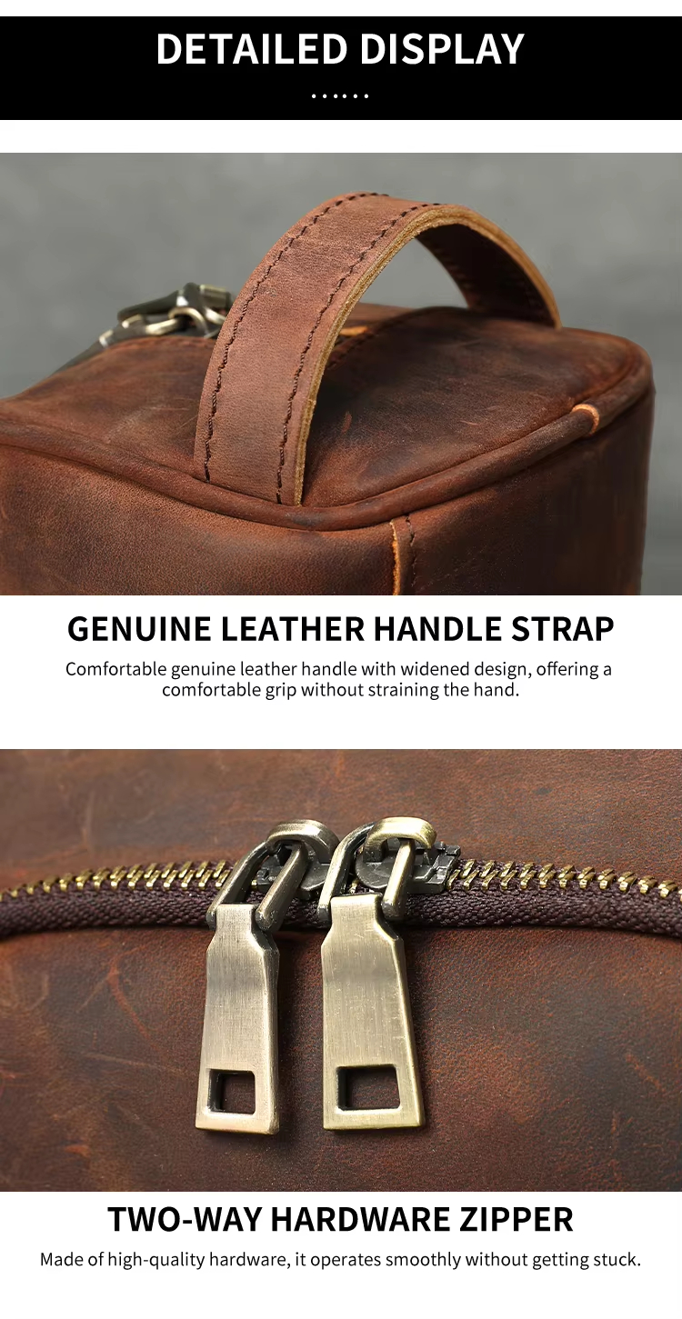 Modern commuter packing men genuine leather toiletry bag into weekend travel luggage