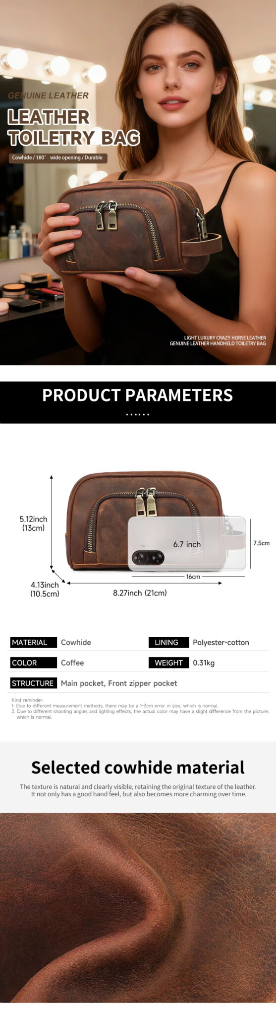 Business traveler using men genuine leather toiletry bag in hotel bathroom