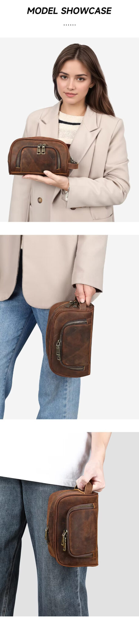 Men genuine leather toiletry bag on sink counter during daily grooming routine