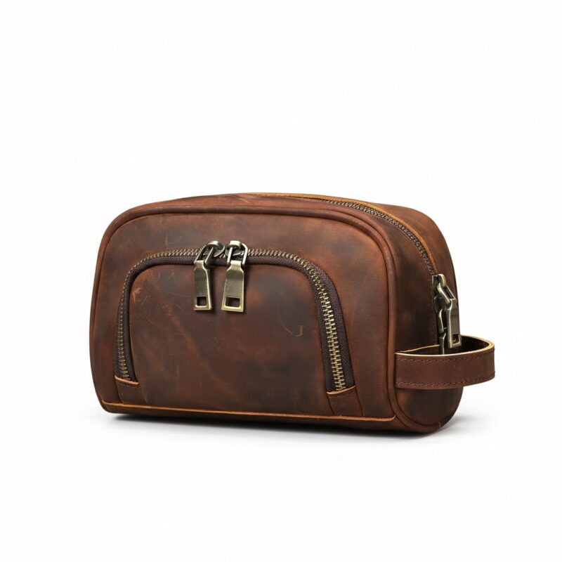 Zipper detail of men genuine leather toiletry bag showing smooth opening function