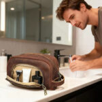 Inner compartments of men genuine leather toiletry bag for organized shaving accessories