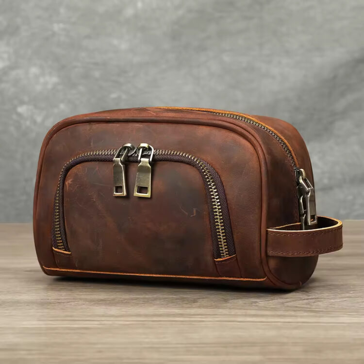 Stitching and leather grain of men genuine leather toiletry bag enhancing durability