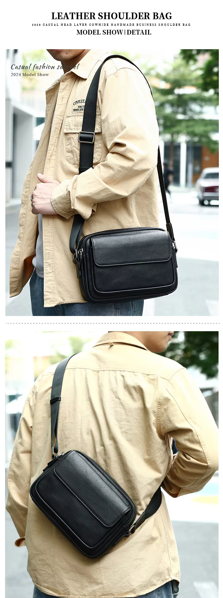 Businessman using leather shoulder bag in a business meeting setting.